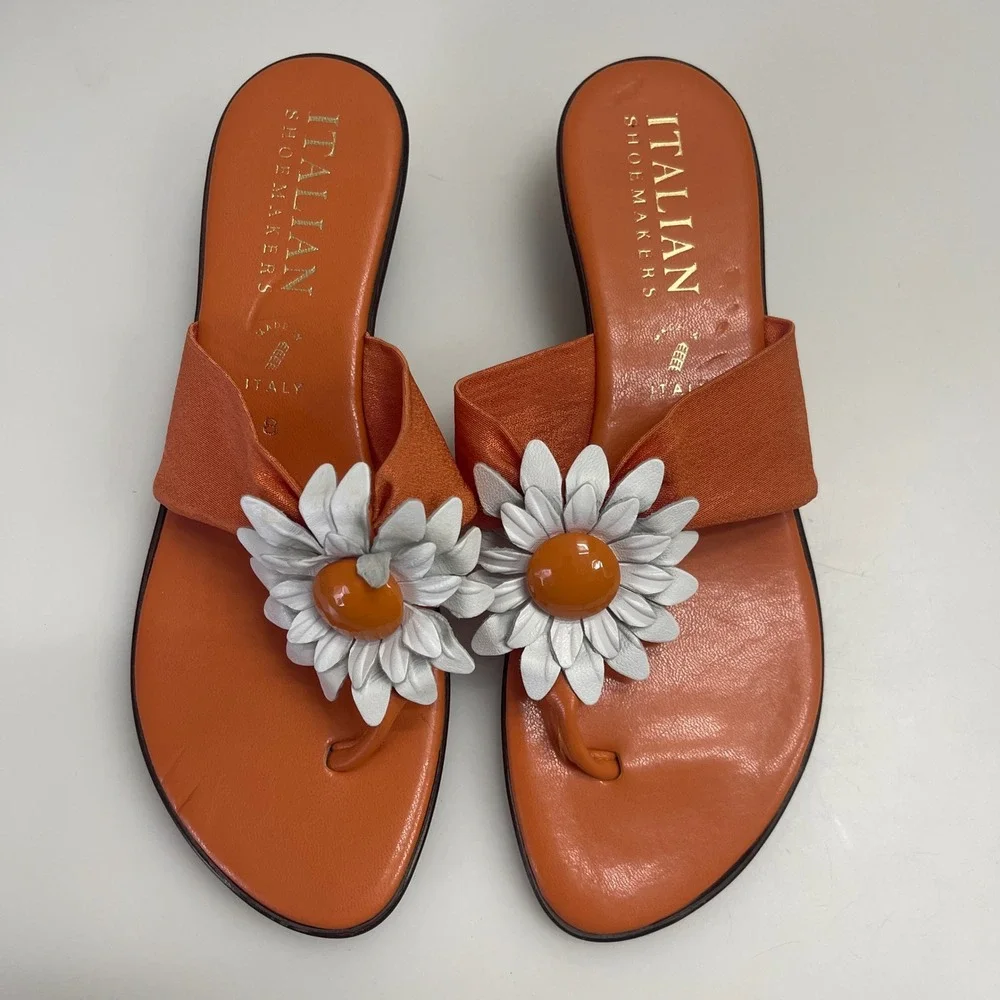 Italian Shoemakers Orange Floral Thong Sandals Wedge Heel Made in Italy Womens 8